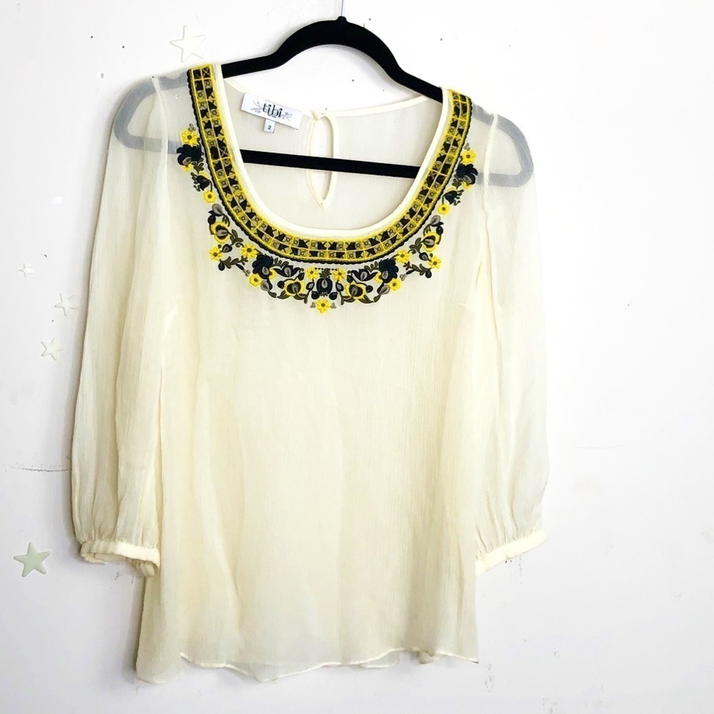 TIBI cream peasant boho crepe blouse